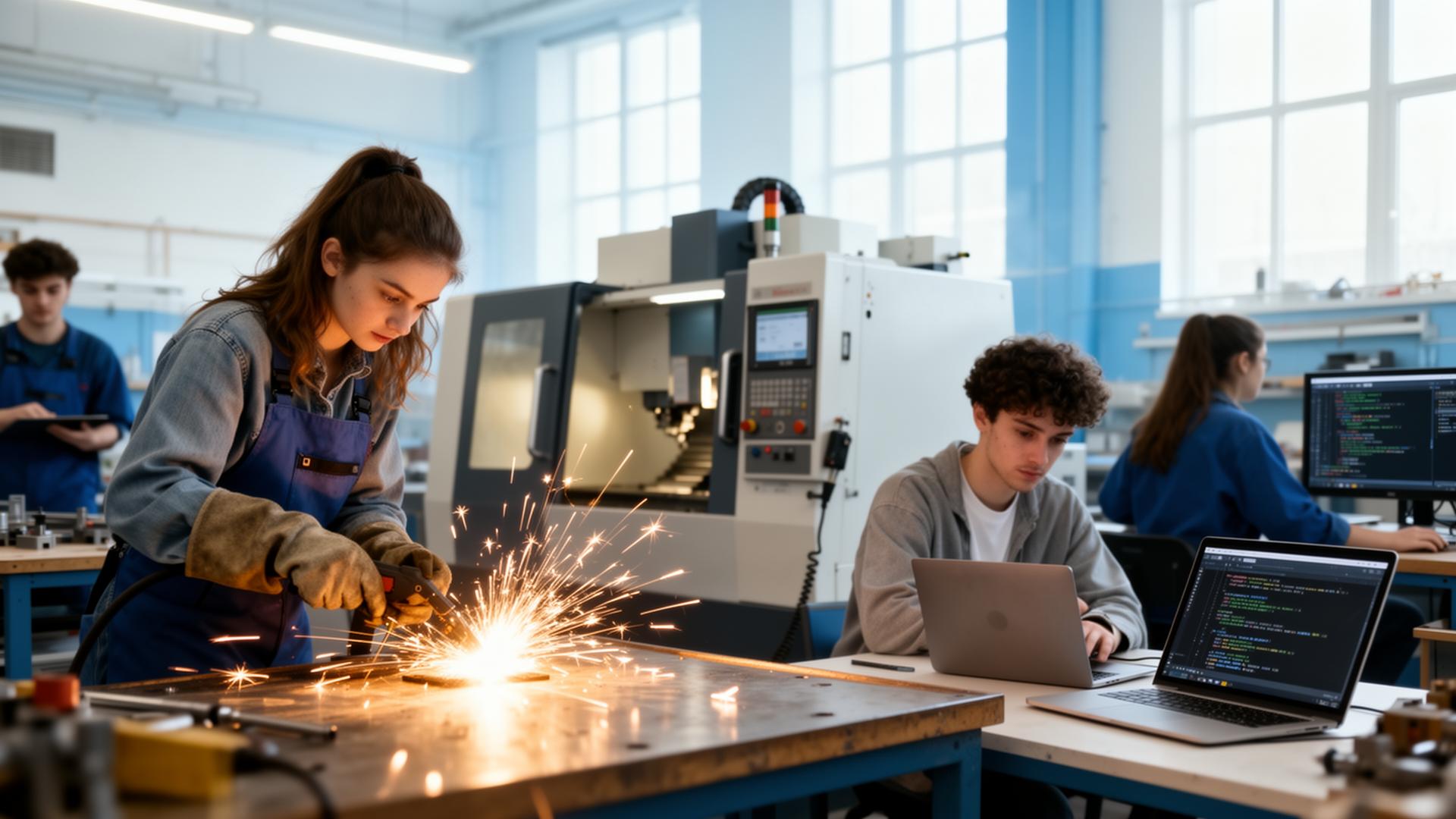 Vocational learners in a bright atelier — welding, CNC, coding